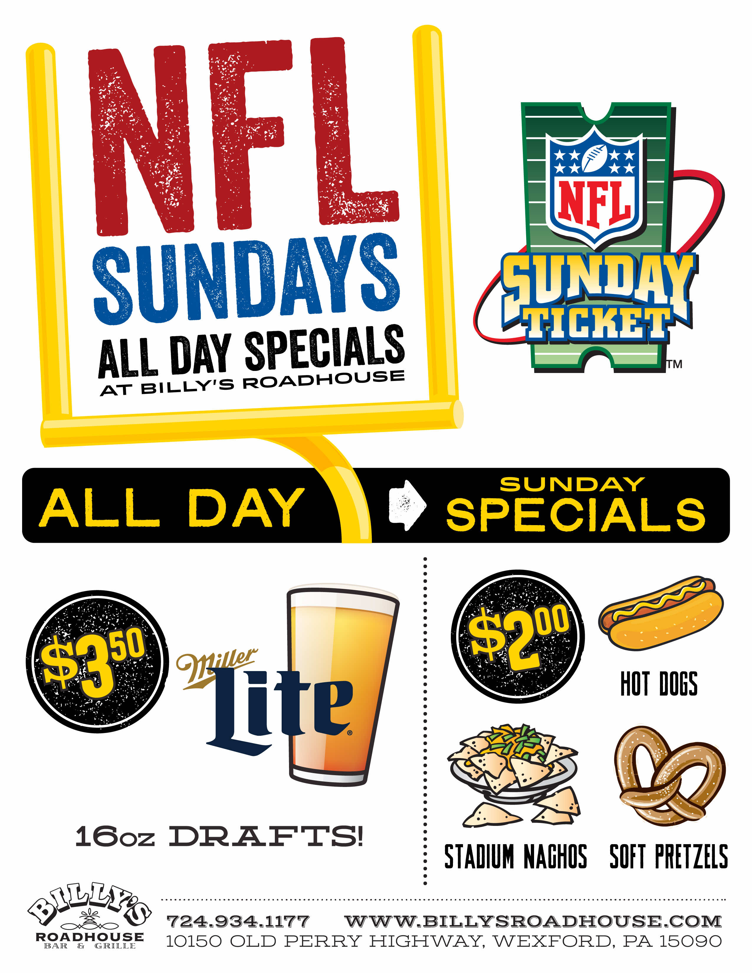 Billy's Roadhouse Specials for NFL Games!