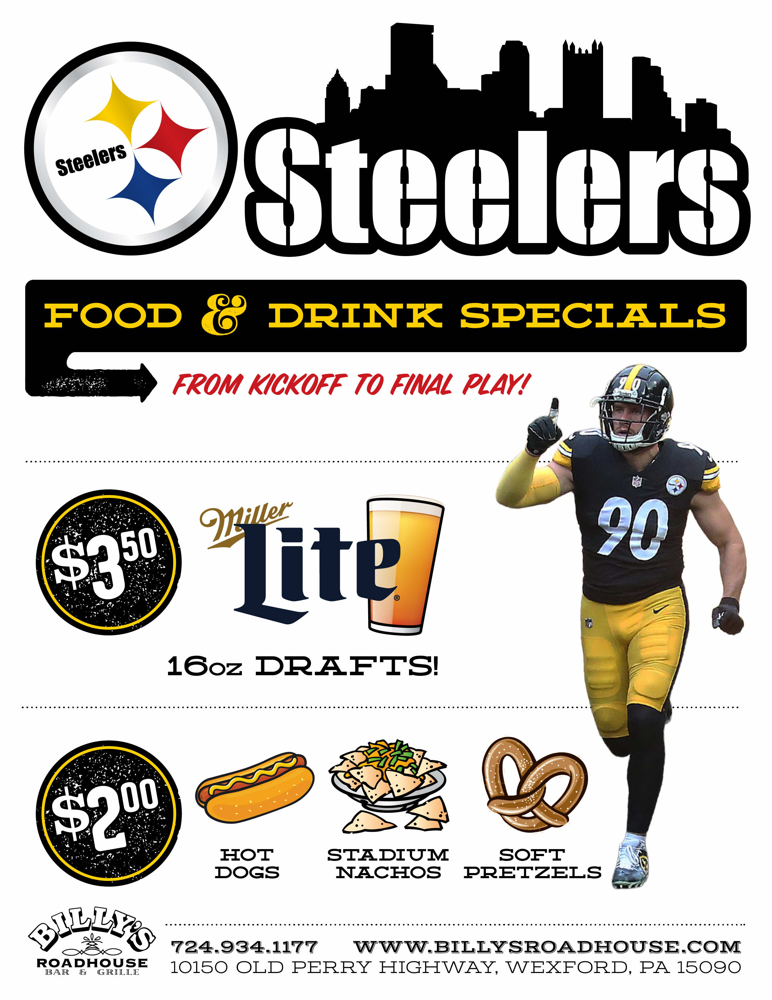 Billy's Roadhouse Specials for Steelers Games!