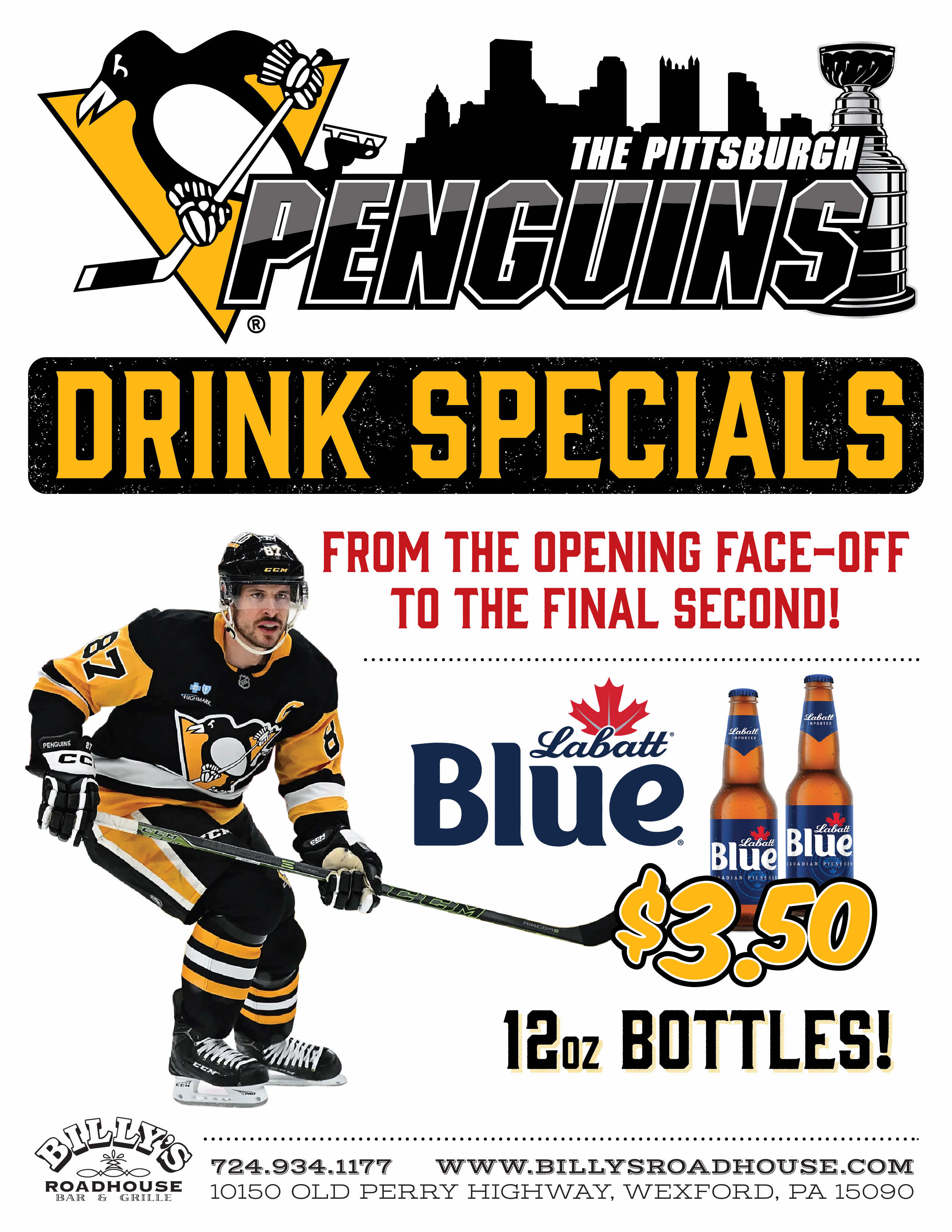 Billy's Roadhouse Specials for Penguins Games!